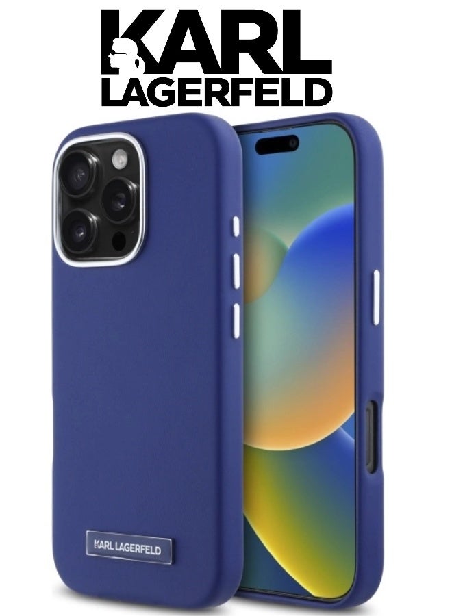 CG MOBILE iPhone 16 Pro Max case with a leather exterior and velvet interior. iphone 16 pro max back cover supports wireless charging (MagSafe). It's a durable, shock-resistant iphone 16 pro max cover. cover iphone 16 pro max features an elegant French design and is certified in partnership with KARL LAGERFELD & CG Mobile. Navy blue - Image 1